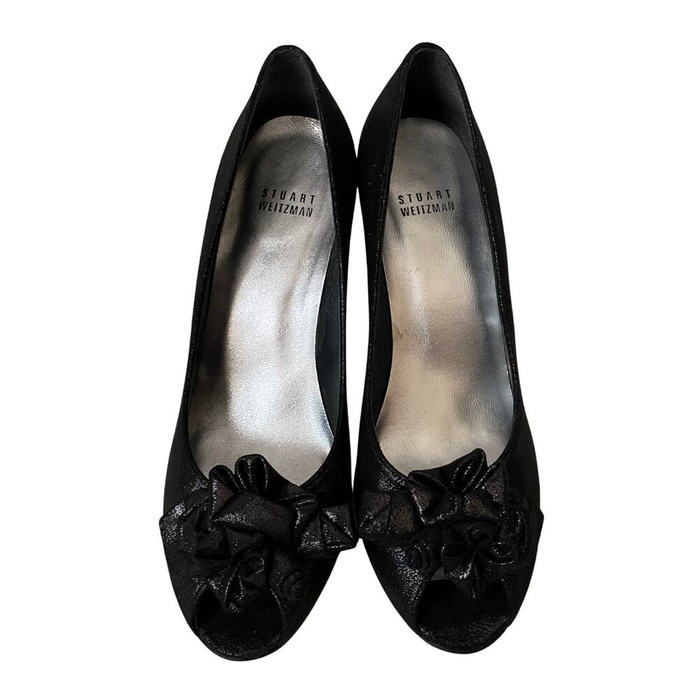 Stuart Weitzman Heels Womens‎ Size 8 Black Metallic Floral Rosette Peep Toe Pump